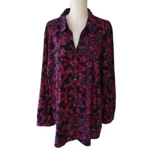 Catherines 3X Shirt Blouse Button Up Long Sleeve Pink Black Metallic Stretch